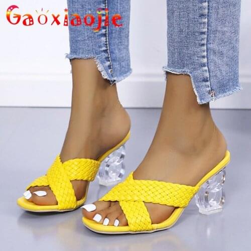 Women New Cross Weave Upper Fashion Slippers 8CM Chic Hollow Crystal Heel Sandal Summer Sexy Square End High Heel Shoes 2021 Hot