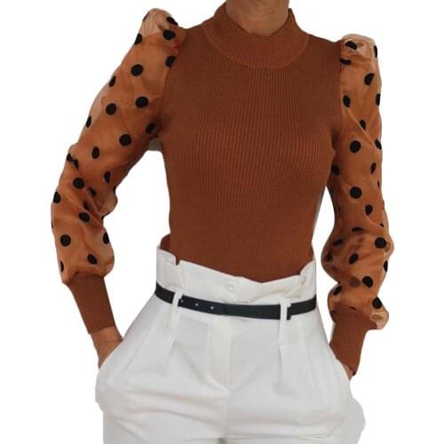 Women Autumn Polka Dot Long Mesh Puff Sleeve Ribbed Sweater Bottoming Shirt