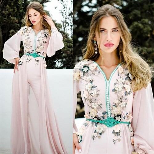 2020 Pink Women Jumpsuits With Long Train Prom Dresses V Neck 3D Floral Appliques Long Sleeve Evening Gowns Arabic Pant Suit