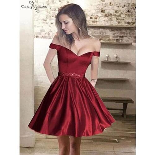 Off Shoulder Burgundy Short Homecoming Dresses with Pockets Beaded Belt Zipper Back 2020 Prom Party Gowns Cocktail Dress Cheap
