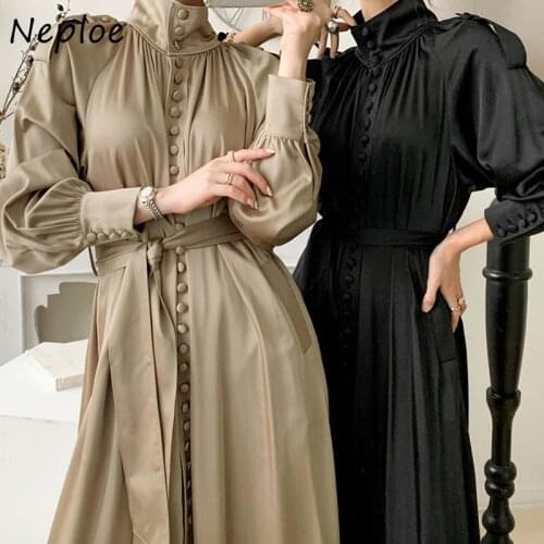 Temperament Turtleneck Ladies Robe Single-breasted High Waist Lantern Sleeve Dress Woman 2021 Autumn New Maxi Dresses