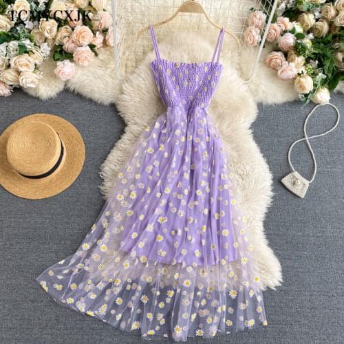Sundresses Women Mesh Dress Strapless Embroidery Daisy Print Splice Holiday Dresses Summer 2021 Ladies Harajuku Bohemian Dress