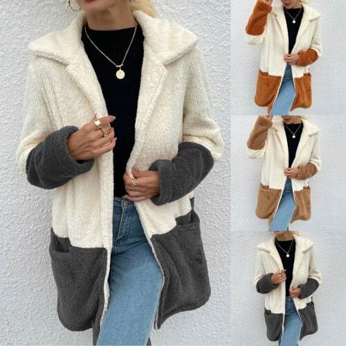 2021 Women Warm Long Coat Womens Color Matching Outerwear Lapel Double-Sided Velvet Large Pocket Jacket Coat Patchwork Jackets