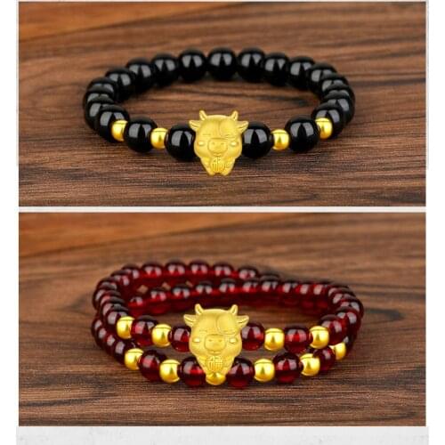 Imitation 3D Hard Gold Imitation Gold Sand Gold New Funiu Lifeline Ox Bracelet Garnet Bracelet Color Protection 6mm 8mm Beads
