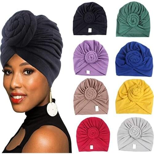 1PC African Pattern Turban Caps Female Fold Pullover Hat Pre-Tied Headwrap Pure Color Women Cotton Chemo Hat Pullover Hat