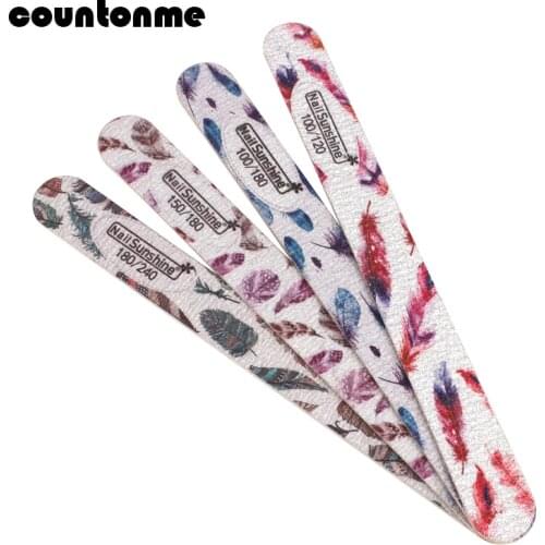 10pcs Sandpaper Wood Nail File For Manicure Feather Printed Buffer 100/180 Wooden unhas Files Washable Thick Stick Nail Tool Set