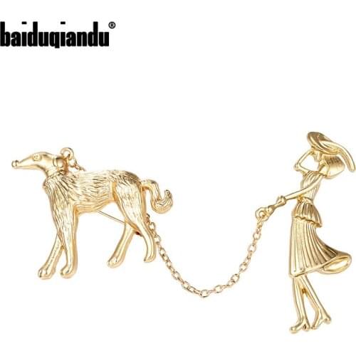Baiduqiandu Brand New Arrival Gold Color Plated Walking the Dog Chain Brooch Pins for Women