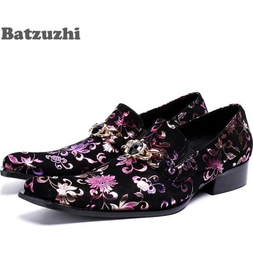 Batzuzhi Japanese Fashion Men Dress Shoes Square Toe Black Suede Business Shoes Print Flowers Party and Wedding Shoes Men, US12