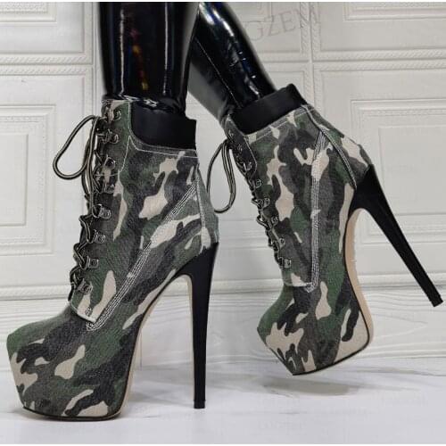 SEIIHEM Women Ankle Platform Boots Camouflage High Heels Shoeslace Booties Unisex Shoes Woman Botas Mujer Large Size 41 42 47 52