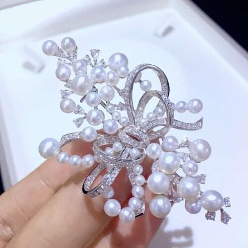 Real natural fresh water pearl bowknot brooch pins cultured pearls 925 sterling silver fine women jewelry free shipping