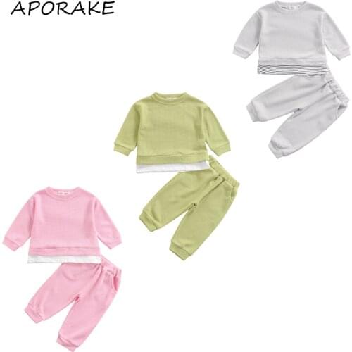 2021 0-3Y Casual Kid Baby Boy Girl Clothes Set Fake 2pcs Patch Long Sleeve O Neck Sweatshirt+Pants Spring Fall 2pcs Tracksuit