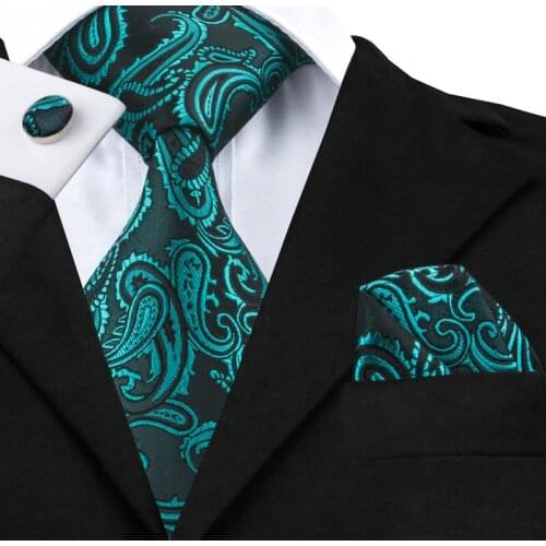 SN-1045 Green Paisley Tie Hanky Cufflinks Sets Mens 100% Silk Ties for men Formal Wedding Party Groom