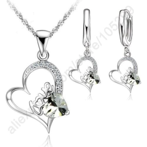 925 Sterling Silver Jewelry Sets Platinum Plate lOVE IN HEART CZ Pendant Necklace Leveback Earrings Jewelry Sets