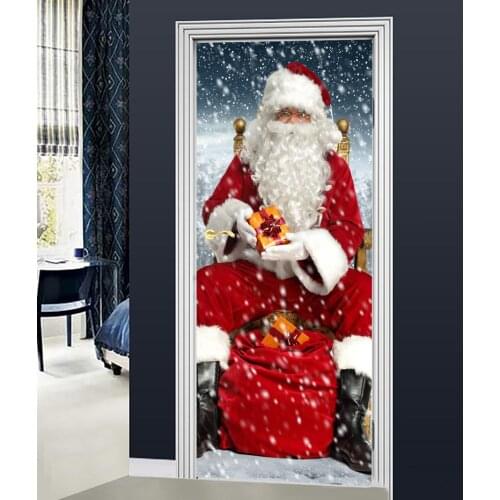 Hot Free Shipping Wholesales Door Sticker Christmas Santa With Gift Door Picture Mural Sickers Photo Wallpaper Poster