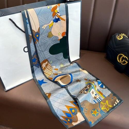 OMEA 100% narrow Silk Scarf Women Cartoon cute girl Neckerchief Double Layers Headband Bag Decoration Small Scarf Fashion Luxury