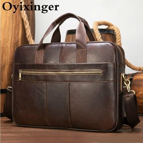 Oyixinger Leather Laptop bag Mens Genuine Cowhide Leather Shoulder Bag For 15.6inch Laptop Large Capacity Business Handbag Male
