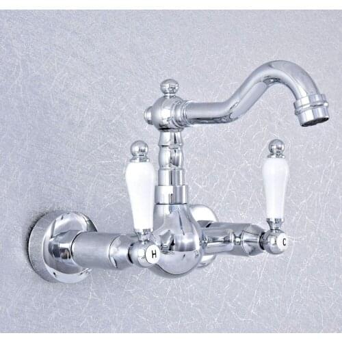Polished Chrome Wall Mounted Swivel Spout Bathroom Sink Faucet Double Handle Mixer Tap Wall Mounted zsf544