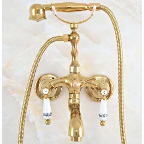Luxury Polished Gold Color Brass Bathroom Wall Mounted Clawfoot Tub Faucet Taps Set With Hand Held Shower Head Spray mna819