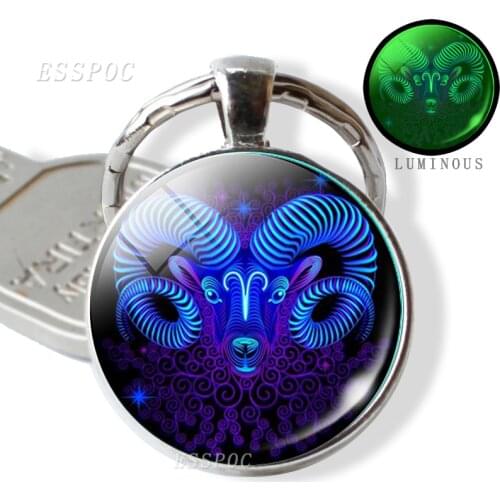 12 Constellation Luminous Key Chains Glass Cabochon Pendant Zodiac Sign Key Rings Holder Birthday Gift Glow In The Dark