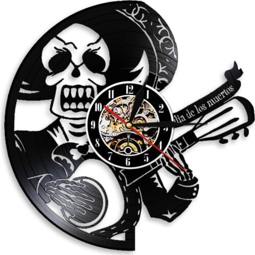 Dia De Los Muertos Vinyl Music Record Wall Clock Guitarist Guitar Player Sugar Skeleton Mood Night Light Lamp Rock n Roll Gift