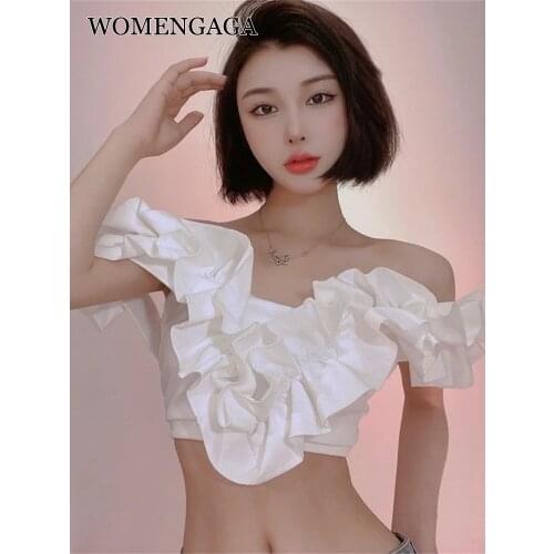 WOMENGAGA Exotic Sweet Ruffle Strapless V Neck Sexy Short Tops Women Petal Sleeve Flower Hot Korean Shirt Blouse Summer 8LGR