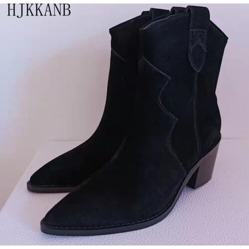 2021 New Cowboy Boots Women Retro Style Frosted Leather Thick Heel Short Boots Pointed Toe Single Boots Solid Color Ankle Boots