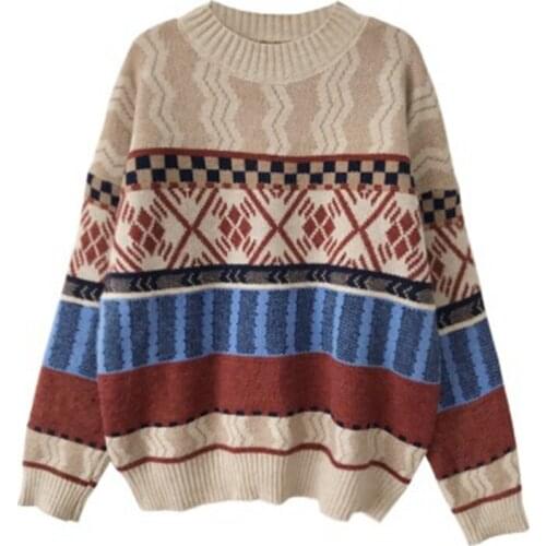 Autumn Winter Womens Sweater Nordic Style Round Neck Retro Jacquard Pullover New y2k Loose Casual All-match Sweater 2021