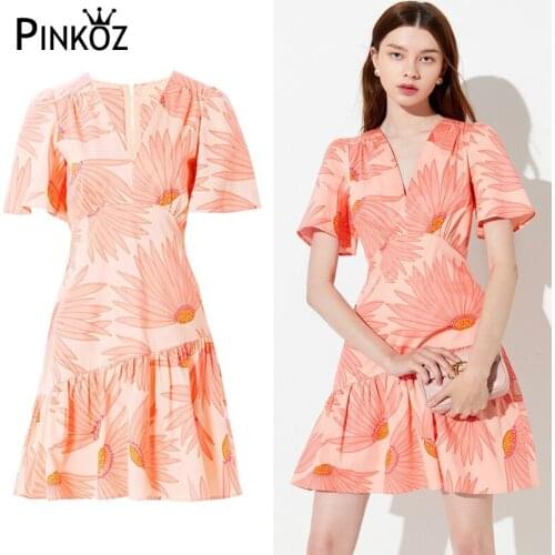 Pinkoz floral puff sleeve summer dress ruffles v-neck new fashion pink office lady flower mini women lady femme dresses vestidos