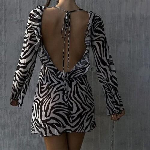 Sexy Zebra Print Long Sleeve Women Dress O Neck Ruffle High Waist Patchwork Female Dresses Backless Bandage Halter Dress 2021