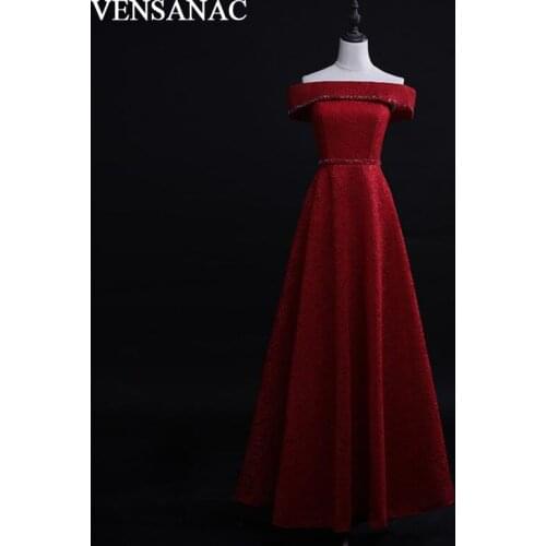VENSANAC 2018 Boat Neck Crystal Sash A Line Long Evening Dresses Vintage Party Lace Embroidery Short Sleeve Prom Gowns