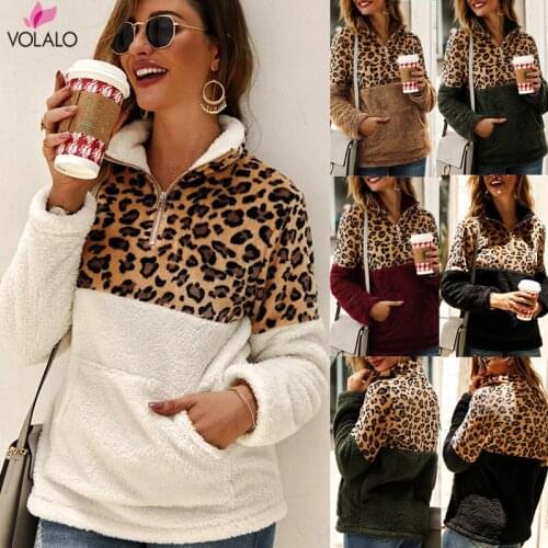 2020 Winter Fleece Sweater Fashion Leopard Patchwork Fluffy Thick Sweaters Warm Zipper Pullovers Women Winter Coat Sherpa Tops