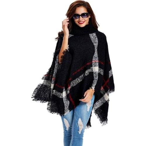 11th,Nov Plus Size Womens Wool Plaid Cardigan Turtleneck Cape Batwing Sleeve Knit Poncho Sweater