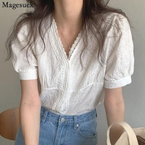 2021 Summer Lace Casual White Shirts Fashion V-neck Loose Womens Blouse Blouses Tops Puff Sleeve Shirt Top Blusas Mujer 14825