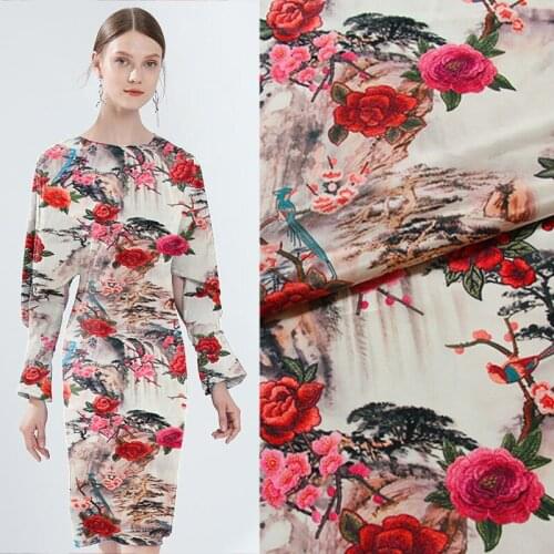 CF716 The Latest Version Summer Fabrics For Women Red Flowers Printed 100% Mulberry Silk Fabric For Womens Wear Dress Shirts