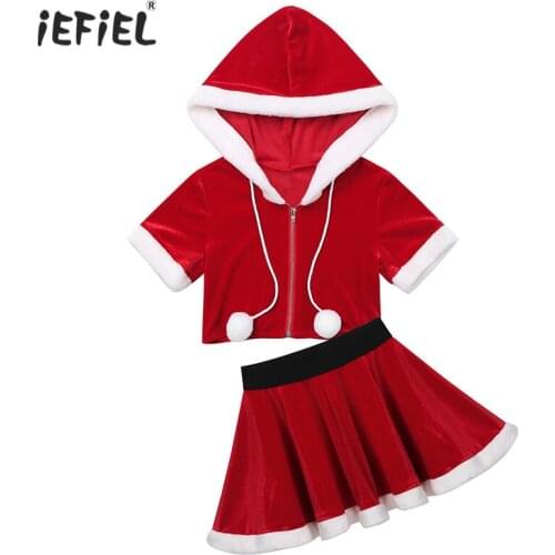 Kids Baby Girls Clothes Cute Christmas Outfit Short Sleeves Warm Flannel Hoodie Top with Mini Skirt for Christmas Party New Year
