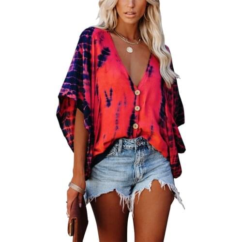 Summer Tie Dye Print Half Sleeve Shirt Women Clothes Sexy V-neck Open Stitch Tops And Blouses Casual Plus Size Streetwear Shirts