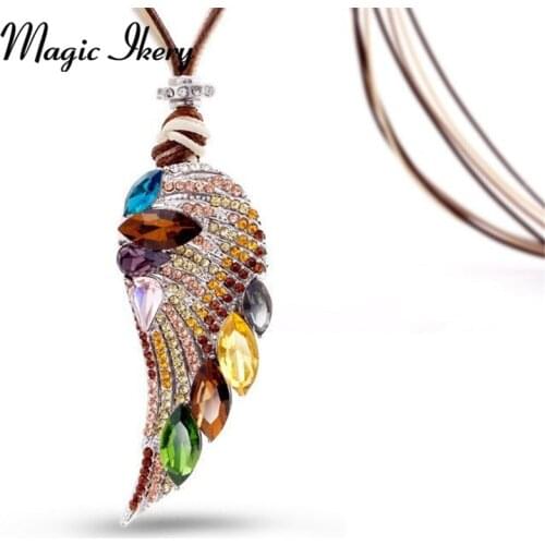 Magic Ikery New 2017 Rose Gold Color Crystal Luxury Feather Angel wings Long Necklaces Pendants Fashion Jewelry for women