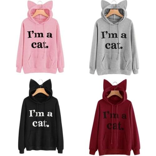 Fashion Autumn Winter Women Hooded Hoodies Long Sleeve Letters Printing Sweatshirt With Cat Ears Hat Lady Girls Casual Pullover