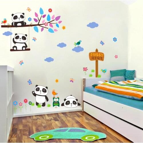 Lovely forest panda birds tree branch wall stickers for kids rooms nursery room decor cartoon animals wall decals pvc mural art