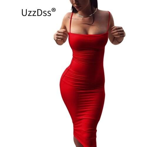 UZZDSS Sexy Spaghetti Strap Midi Dress Sleeveless Backless Bodycon Bandage Black Blue Red Celebrity Women Party Dresses Clubwear