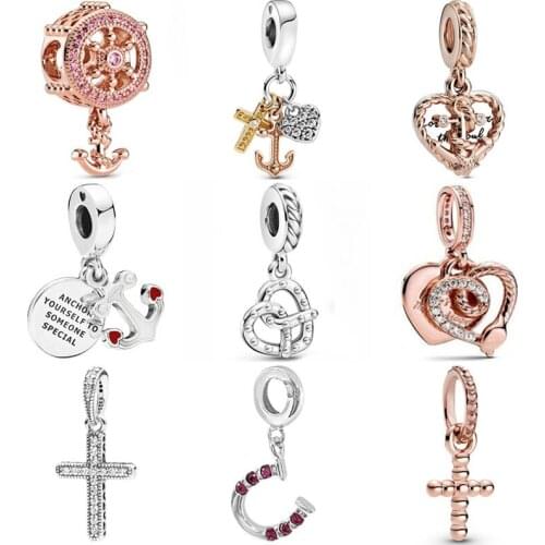 DIY Charm Helm & Anchor Triple-tone Cross Heart & Anchor Cross Pendant 925 Sterling Silver Bead Fit Fashion Bracelet Jewelry