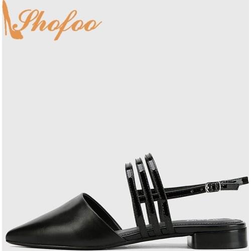 Shofoo Black Narrow Band Buckle Strap Enclosed Pionted Toe Sandals Woman Square Low Heels Large Size 12 16 Ladies Office Shoes