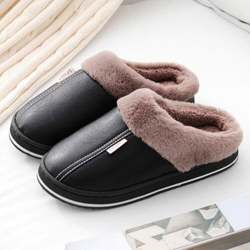 PU Waterproof Slippers Men Women Winter Plush Keep Warm Flat Home Shoes Woman Soft Comfort Female Shoes Sewing Interior Slipper
