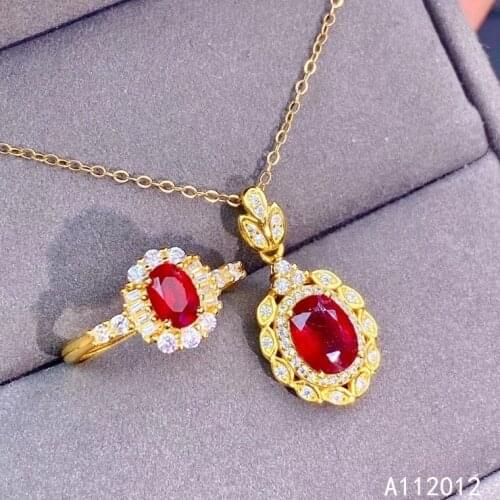 KJJEAXCMY fine jewelry natural Ruby 925 sterling silver elegant girl new pendant necklace chain ring set support test