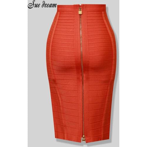 High Quality 2020 New Womens Sexy Black Red Blue Orange Zipper Rayon Bandage Skirt Bodycon Club Party Pencil Skirt