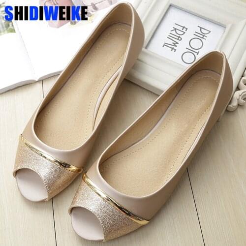 Fashion Women Flats Peep Toe Flats Comfortable PU Leather pink Gold White Shoes Woman Size 34-43 m954