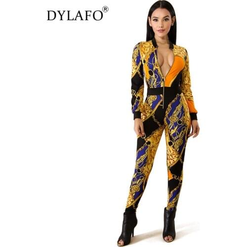 Women Print Long Sleeve Skinny Bodycon Jumpsuit Sexy Club Office Lady Streetwear Fashion Stretch Fall Winter Jumpsuits Overalls