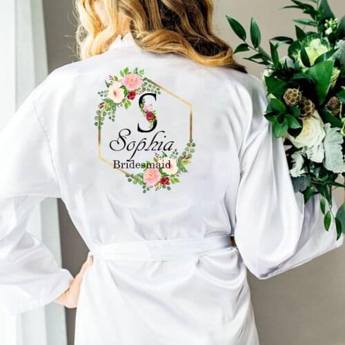 Flower Print Satin Robe Custom Name Bride Robe Bridesmaid Robes Women Kimono Robes