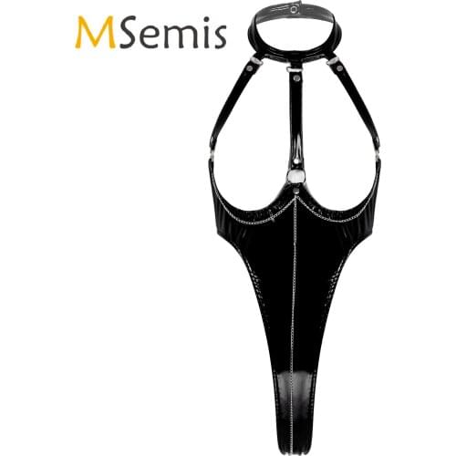 Womens Lingerie Sexy Halter Neck Open Front Patent Leather Bodysuit Lace-up Back Leotard Metal Chain Decor Backless Catsuit