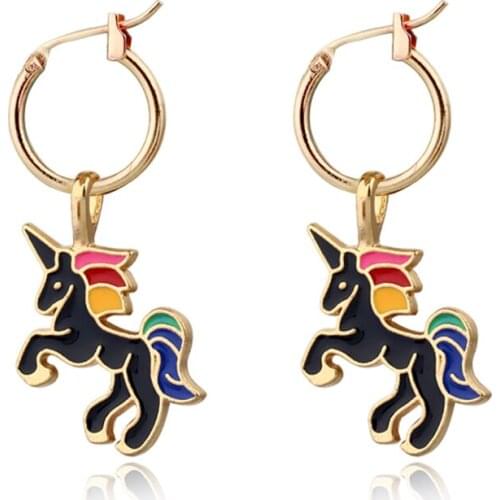 1Pair Cute Small Enamel Unicorn Hoop Earrings For Women Girl European Trendy Gold Metal Color Animals Horse Earrings Jewelry